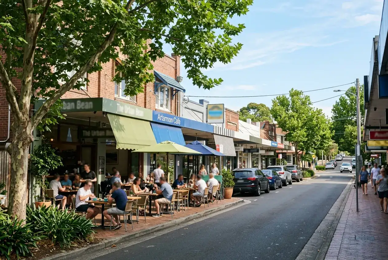 Cafes and shops in an Artarmon village street