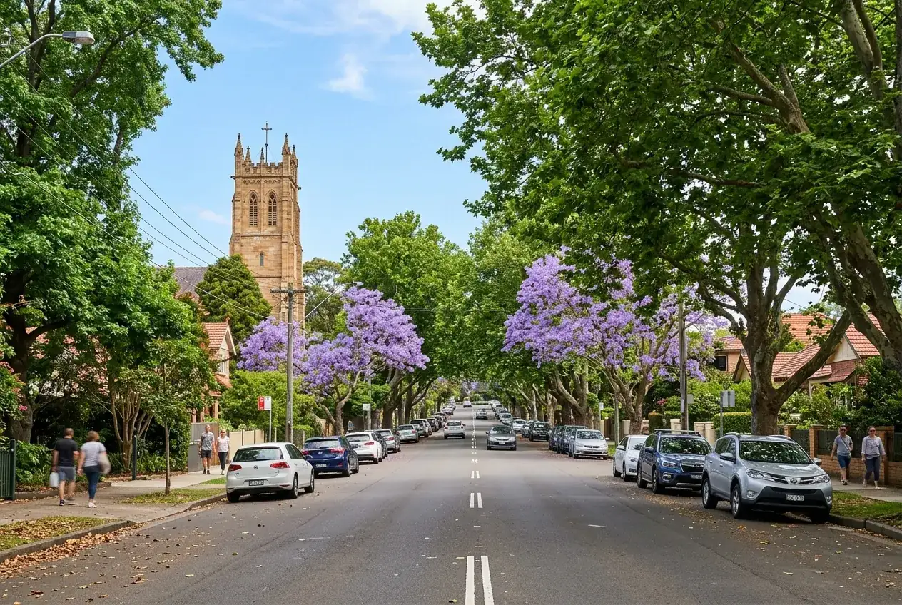 Leafy street with a church tower in Gordon