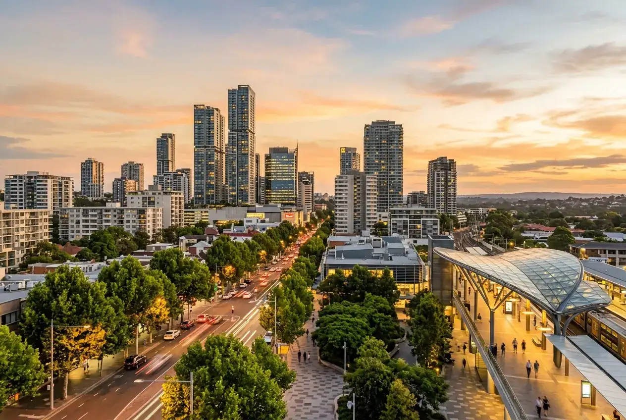Chatswood skyline at dusk on Sydney's North Shore