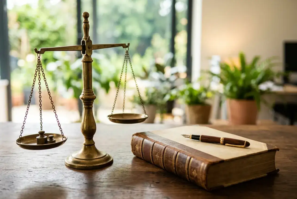 Scales of justice and a law book on an office desk