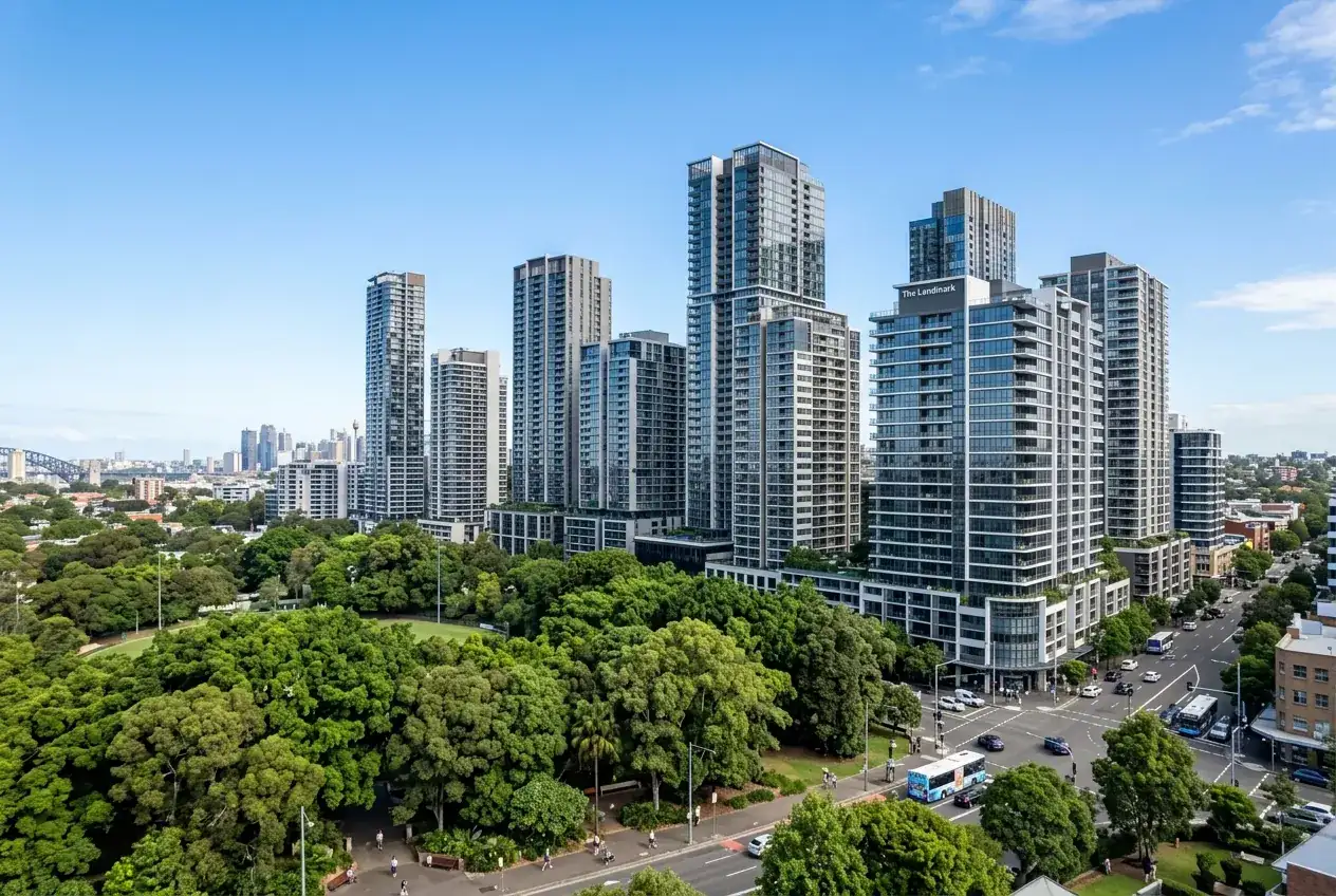 Apartment towers above the trees in St Leonards