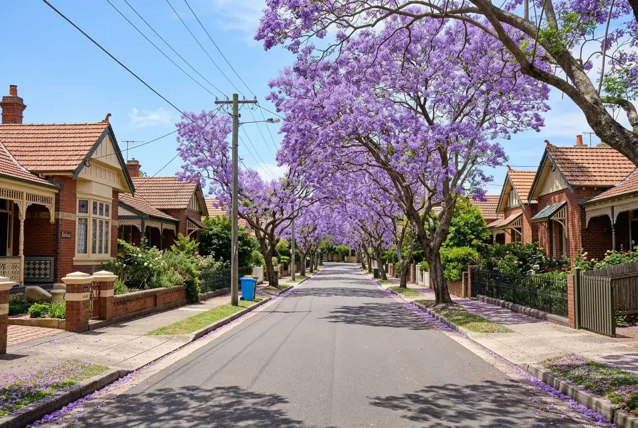 Jacaranda trees lining a residential street in Willoughby